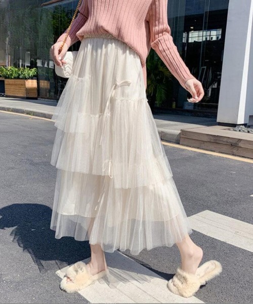 MAISON DE THERESE(メゾン ド テレーズ)の「3枚チュール重ね ティアードフリルスカート スカート ロング丈 リボン ボリューム ミモレ丈 バレエコア(スカート・レディース・ブラック/アイボリー・FREE)」の4枚目の写真