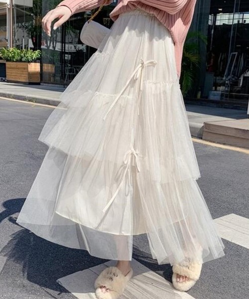 MAISON DE THERESE(メゾン ド テレーズ)の「3枚チュール重ね ティアードフリルスカート スカート ロング丈 リボン ボリューム ミモレ丈 バレエコア(スカート・レディース・ブラック/アイボリー・FREE)」の12枚目の写真