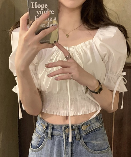 GLAMOROUS JANE(グラマラスジェーン)の「パフスリーブウエストシャーリングショート丈トップス(Tシャツ/カットソー・レディース・ホワイト・FREE)」の9枚目の写真