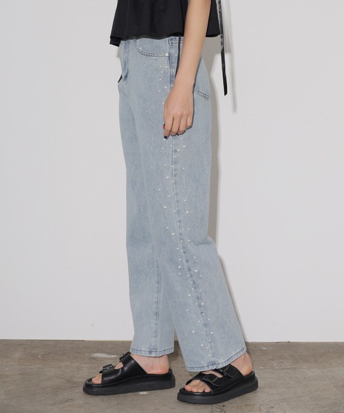 セール】サイドパールラインデニムワイドパンツ（デニムパンツ