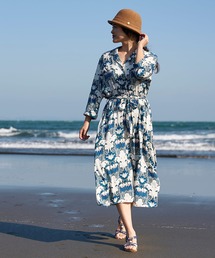   ★ 純綿素材 花柄 半袖 シャツワンピース ワンピース 花柄 レトロ柄 半袖 プリーツ ミモレ丈 グレー