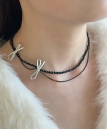 sowang | ポイントリボンビーズチョーカーネックレス-point ribbon beads choker necklace-(ネックレス)