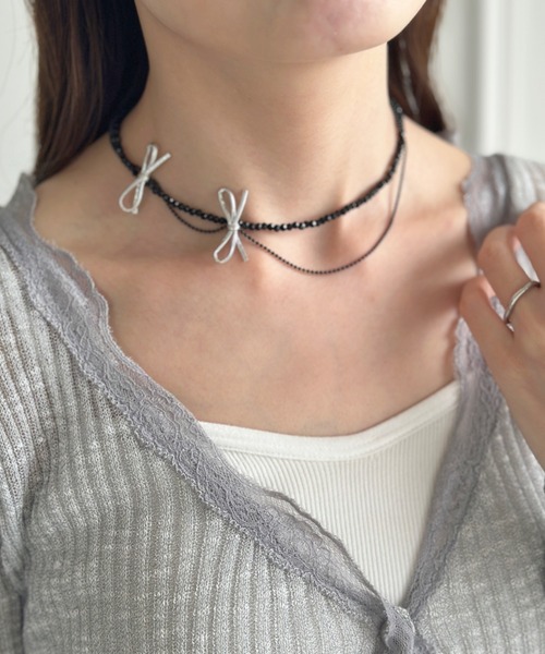 sowang（ソワン）の「ポイントリボンビーズチョーカーネックレス-point ribbon beads choker necklace-（ネックレス・レディース・ブラック/シルバー・FREE）」の5枚目の写真