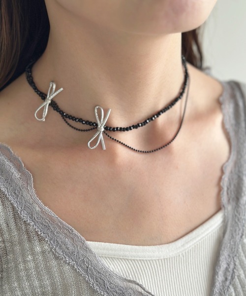 sowang（ソワン）の「ポイントリボンビーズチョーカーネックレス-point ribbon beads choker necklace-（ネックレス・レディース・ブラック/シルバー・FREE）」の11枚目の写真