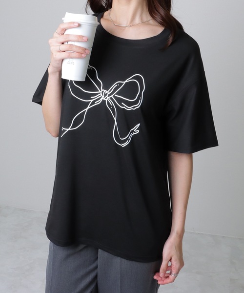 Lace Ladies（レースレディース）の「ソリッドカラー 半袖 リボン プリント Tシャツ（Tシャツ/カットソー・レディース・ブラック/ホワイト・S/M/XL）」の5枚目の写真
