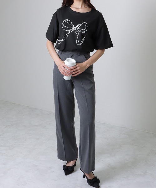 Lace Ladies（レースレディース）の「ソリッドカラー 半袖 リボン プリント Tシャツ（Tシャツ/カットソー・レディース・ブラック/ホワイト・S/M/XL）」の6枚目の写真