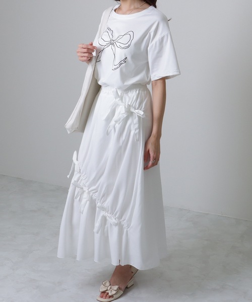 Lace Ladies（レースレディース）の「ソリッドカラー 半袖 リボン プリント Tシャツ（Tシャツ/カットソー・レディース・ブラック/ホワイト・S/M/XL）」の10枚目の写真