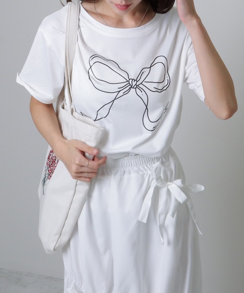 Lace Ladies（レースレディース）の「ソリッドカラー 半袖 リボン プリント Tシャツ（Tシャツ/カットソー・レディース・ブラック/ホワイト・S/M/XL）」の12枚目の写真