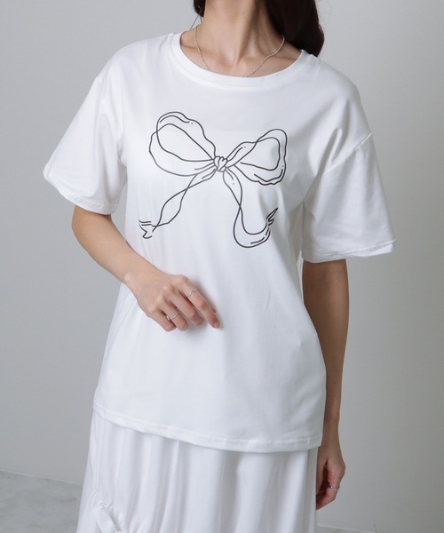 Lace Ladies（レースレディース）の「ソリッドカラー 半袖 リボン プリント Tシャツ（Tシャツ/カットソー・レディース・ブラック/ホワイト・S/M/XL）」の13枚目の写真