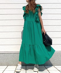 袖フリルティアードワンピ