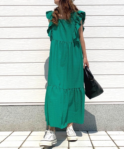 Q（キュー）の「袖フリルティアードワンピ（ワンピース・レディース・グリーン/ブラック・MEDIUM）」の9枚目の写真