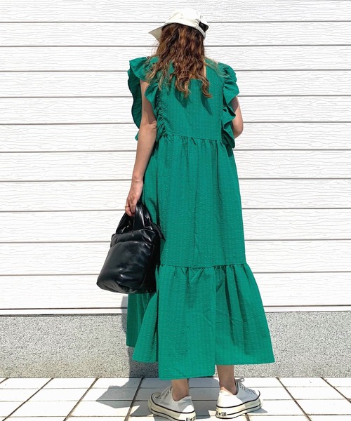 Q（キュー）の「袖フリルティアードワンピ（ワンピース・レディース・グリーン/ブラック・MEDIUM）」の11枚目の写真