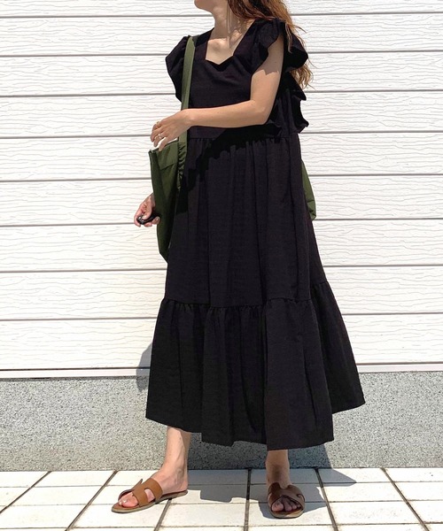 Q（キュー）の「袖フリルティアードワンピ（ワンピース・レディース・グリーン/ブラック・MEDIUM）」の14枚目の写真