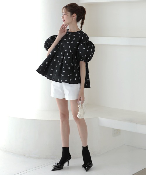 meraki　メラキ　フラワードットシアーブラウス　黒 花柄レース 半袖トップス フラワードットシアーブラウス 花柄 シアー ドット パフ袖 半袖