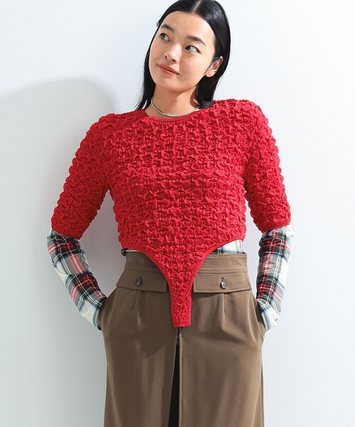 Ray BEAMS（レイビームス）の「シャーリング ボディスーツ（ニット/セーター・レディース・ベージュ/レッド・ONE SIZE）」の3枚目の写真