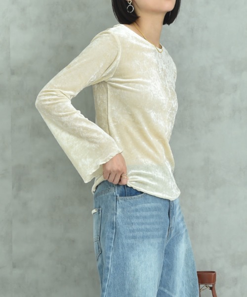 actuel（アクチュエル）の「【ａｃｔｕｅｌ】メッシュベロアボートネック長袖シャツ（Tシャツ/カットソー・レディース・チャコールグレー/アイボリー・FREE）」の2枚目の写真