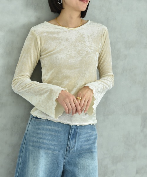 actuel（アクチュエル）の「【ａｃｔｕｅｌ】メッシュベロアボートネック長袖シャツ（Tシャツ/カットソー・レディース・チャコールグレー/アイボリー・FREE）」の8枚目の写真