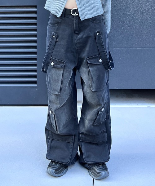 リベット ストレートワイド レザーパンツ M〜3XL マルチポケット セール】ワイドストレートリベットダブルニーパンツストライプ