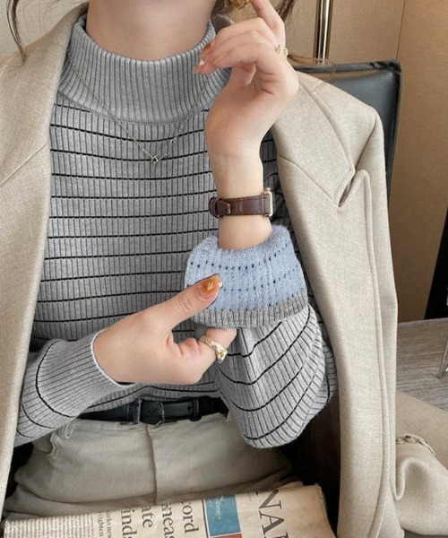 Miniministore(ミニミニストア)の「裏微起毛ニットトップスボーダーニット厚手(ニット/セーター・レディース・グレー/アイボリー/ブラック/ホワイト・FREE)」の4枚目の写真