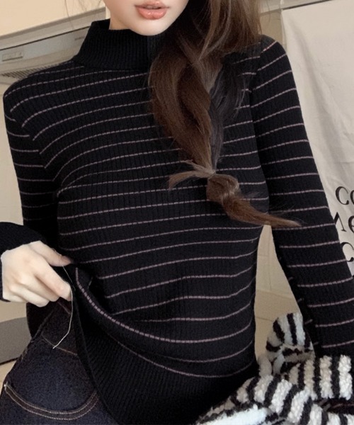 Miniministore(ミニミニストア)の「裏微起毛ニットトップスボーダーニット厚手(ニット/セーター・レディース・グレー/アイボリー/ブラック/ホワイト・FREE)」の10枚目の写真