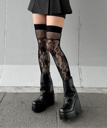 jiasecond. | 【jiasecond.】花柄メッシュニットニーハイソックス / 靴下 メッシュ ニット ニーハイ バレエコア 花柄 レイヤード フラワー ブラック ホワイト 韓国 韓国ファッション ZOZOTOWN限定(ソックス/靴下)