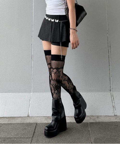 jiasecond.】花柄メッシュニットニーハイソックス / 靴下