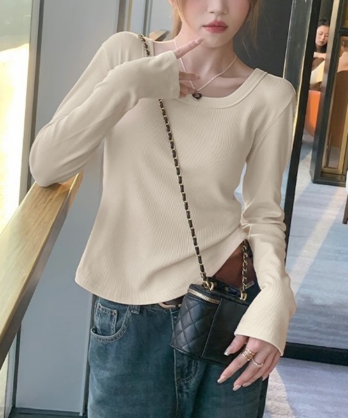 Miniministore（ミニミニストア）の「長袖Tシャツ レディース スクエアネック（Tシャツ/カットソー・レディース・ブラック/ベージュ/ホワイト/ライトグレー・FREE）」の4枚目の写真