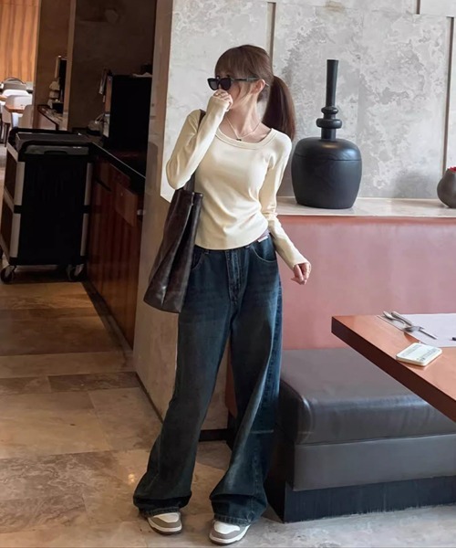 Miniministore（ミニミニストア）の「長袖Tシャツ レディース スクエアネック（Tシャツ/カットソー・レディース・ブラック/ベージュ/ホワイト/ライトグレー・FREE）」の9枚目の写真