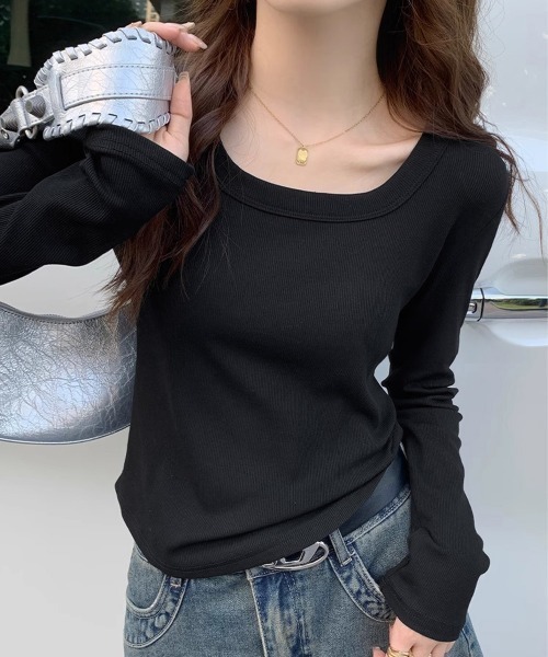 Miniministore（ミニミニストア）の「長袖Tシャツ レディース スクエアネック（Tシャツ/カットソー・レディース・ブラック/ベージュ/ホワイト/ライトグレー・FREE）」の8枚目の写真