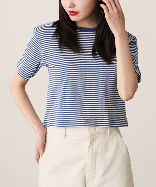 MILLER（ミラー）の「R.P.miller/ミラー Panel ribed cropped T-Shirt クロップド 半袖Tシャツ トップス レディース 秋 秋服 2026年秋冬（Tシャツ/カットソー・レディース・イエロー/ホワイト×ブルー/グレー/ブラック/ミント・FREE）」の2枚目の写真