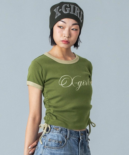 X-girl(エックスガール)の「SCRIPT LOGO DRAWSTRING RINGER BABY TEE(Tシャツ/カットソー・レディース・ブラック/オリーブ/ピンク・S/M)」の1枚目の写真