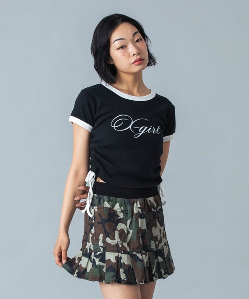 X-girl(エックスガール)の「SCRIPT LOGO DRAWSTRING RINGER BABY TEE(Tシャツ/カットソー・レディース・ブラック/オリーブ/ピンク・S/M)」の2枚目の写真
