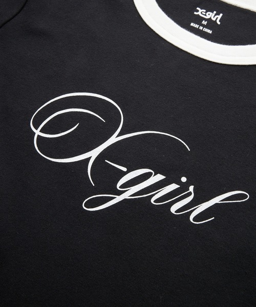X-girl(エックスガール)の「SCRIPT LOGO DRAWSTRING RINGER BABY TEE(Tシャツ/カットソー・レディース・ブラック/オリーブ/ピンク・S/M)」の6枚目の写真