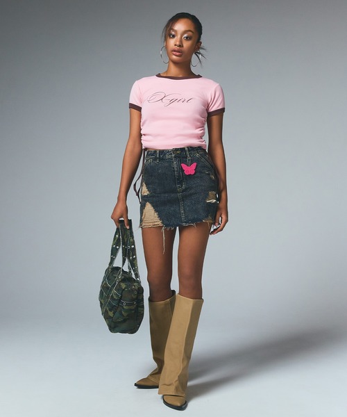X-girl(エックスガール)の「SCRIPT LOGO DRAWSTRING RINGER BABY TEE(Tシャツ/カットソー・レディース・ブラック/オリーブ/ピンク・S/M)」の18枚目の写真