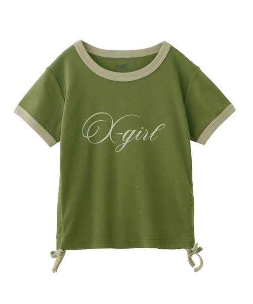X-girl(エックスガール)の「SCRIPT LOGO DRAWSTRING RINGER BABY TEE(Tシャツ/カットソー・レディース・ブラック/オリーブ/ピンク・S/M)」の16枚目の写真