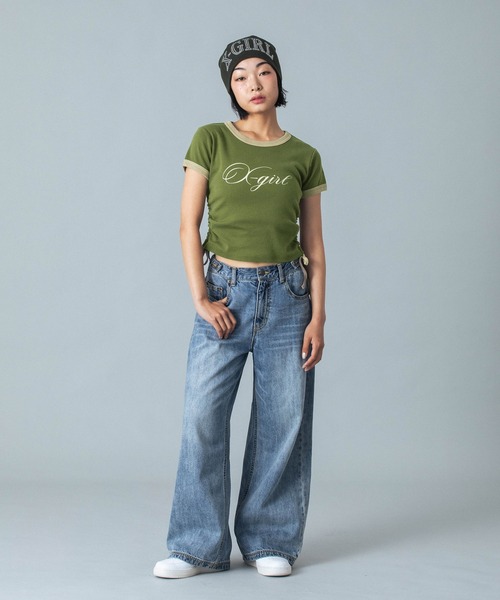 X-girl(エックスガール)の「SCRIPT LOGO DRAWSTRING RINGER BABY TEE(Tシャツ/カットソー・レディース・ブラック/オリーブ/ピンク・S/M)」の11枚目の写真