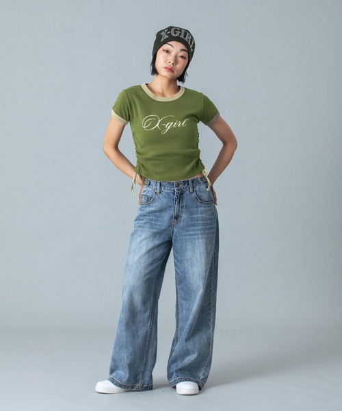 X-girl(エックスガール)の「SCRIPT LOGO DRAWSTRING RINGER BABY TEE(Tシャツ/カットソー・レディース・ブラック/オリーブ/ピンク・S/M)」の12枚目の写真