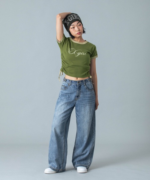 X-girl(エックスガール)の「SCRIPT LOGO DRAWSTRING RINGER BABY TEE(Tシャツ/カットソー・レディース・ブラック/オリーブ/ピンク・S/M)」の13枚目の写真