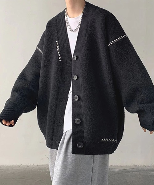 WARAIJOGO(ワライジョウゴ)の「【WARAIJOGO】モノトーンステッチデザインニットカーディガン(NEZ)(カーディガン/ボレロ・メンズ・ブラック/ホワイト・FREE)」の15枚目の写真