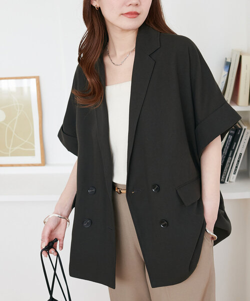 DISCOAT（ディスコート）の「リネンライク半袖シャツジャケット《WEB限定カラーあり》（テーラードジャケット・レディース・チャコールグレー/ライトグレー/ライトベージュ/ベージュ/グレー・FREE）」の13枚目の写真