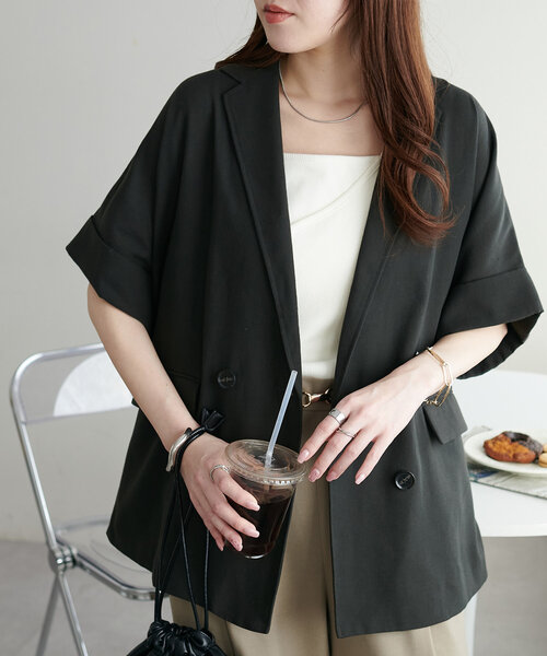 DISCOAT（ディスコート）の「リネンライク半袖シャツジャケット《WEB限定カラーあり》（テーラードジャケット・レディース・チャコールグレー/ライトグレー/ライトベージュ/ベージュ/グレー・FREE）」の12枚目の写真