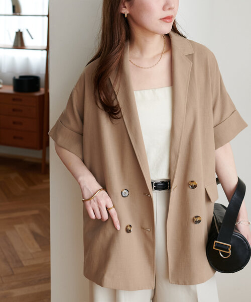 DISCOAT（ディスコート）の「リネンライク半袖シャツジャケット《WEB限定カラーあり》（テーラードジャケット・レディース・チャコールグレー/ライトグレー/ライトベージュ/ベージュ/グレー・FREE）」の7枚目の写真