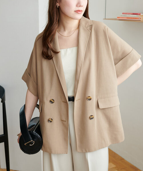 DISCOAT（ディスコート）の「リネンライク半袖シャツジャケット《WEB限定カラーあり》（テーラードジャケット・レディース・チャコールグレー/ライトグレー/ライトベージュ/ベージュ/グレー・FREE）」の6枚目の写真