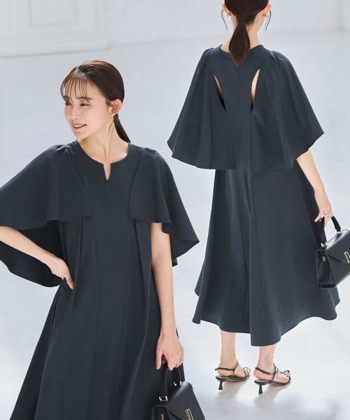 RUIRUE BOUTIQUE（ルイルエブティック）の「洗える ストレッチ ｜ バックテール ケープ ワンピース ｜ レディース おしゃれ きれいめ リゾート 休日コーデ 二の腕カバー 冷房対策 Aラインワンピース リゾートワンピ（ワンピース・レディース・グレー/ブラック/イエロー・S/M/L/LL）」の2枚目の写真