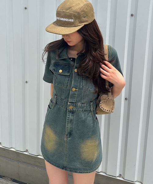 セール】【2025SS】半袖ヴィンテージライクデニムワンピース