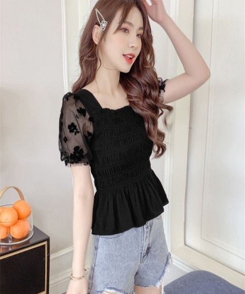LETee(レティー)の「花柄シフォン袖トップス/スクエアネック(その他トップス・レディース・ブラック/ベージュ・FREE)」の13枚目の写真