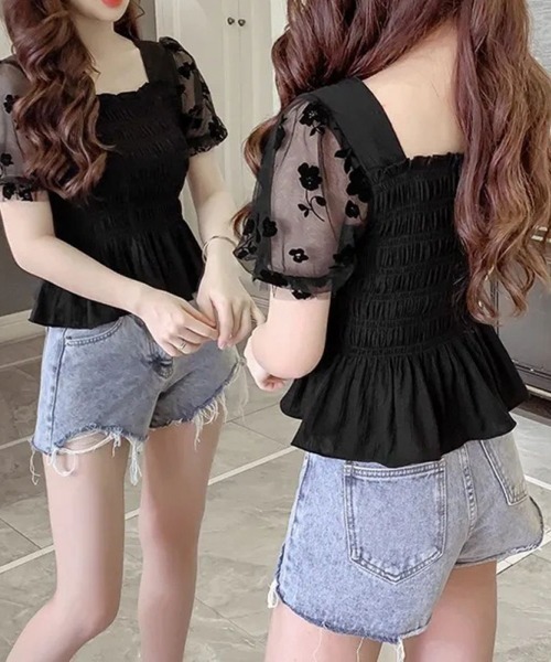 LETee(レティー)の「花柄シフォン袖トップス/スクエアネック(その他トップス・レディース・ブラック/ベージュ・FREE)」の10枚目の写真