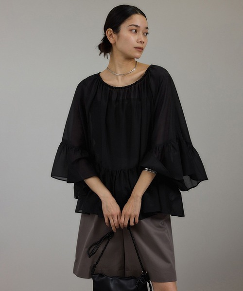 SALON adam et rope'（サロン アダム エ ロペ）の「コットンシルクレジェールフレアブラウス（シャツ/ブラウス・レディース・オレンジ/ベージュ/ブラック・FREE）」の5枚目の写真