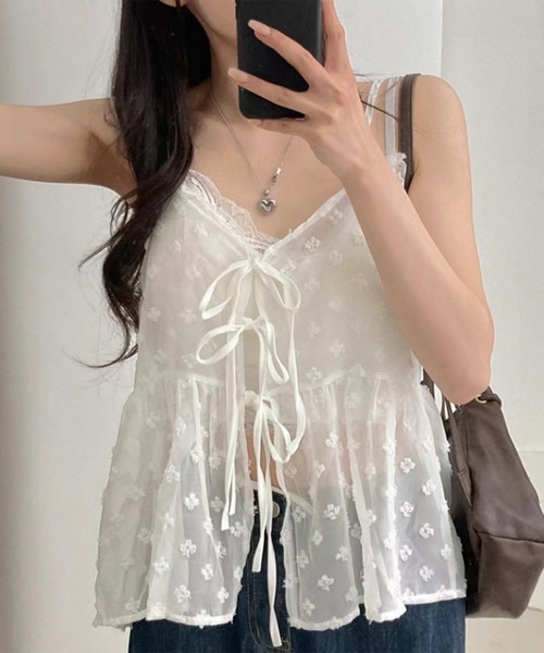 Lace Ladies（レースレディース）の「シアー フラワー リボン ペプラム キャミソール ブラウス（キャミソール・レディース・ホワイト/ブラック・FREE）」の2枚目の写真