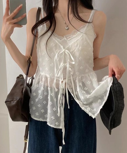 Lace Ladies（レースレディース）の「シアー フラワー リボン ペプラム キャミソール ブラウス（キャミソール・レディース・ホワイト/ブラック・FREE）」の7枚目の写真